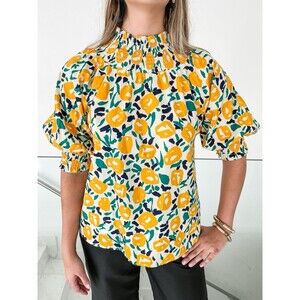 ODDY Womens Size 1XL Lemon Yellow Floral Print Blouse Puff Sleeves Spring Summer